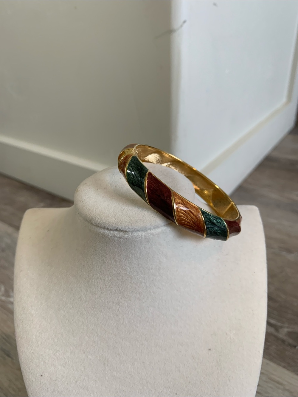 Gold-Tone Enamel Twist Bangle Bracelet in Green, Brown and Burgundy